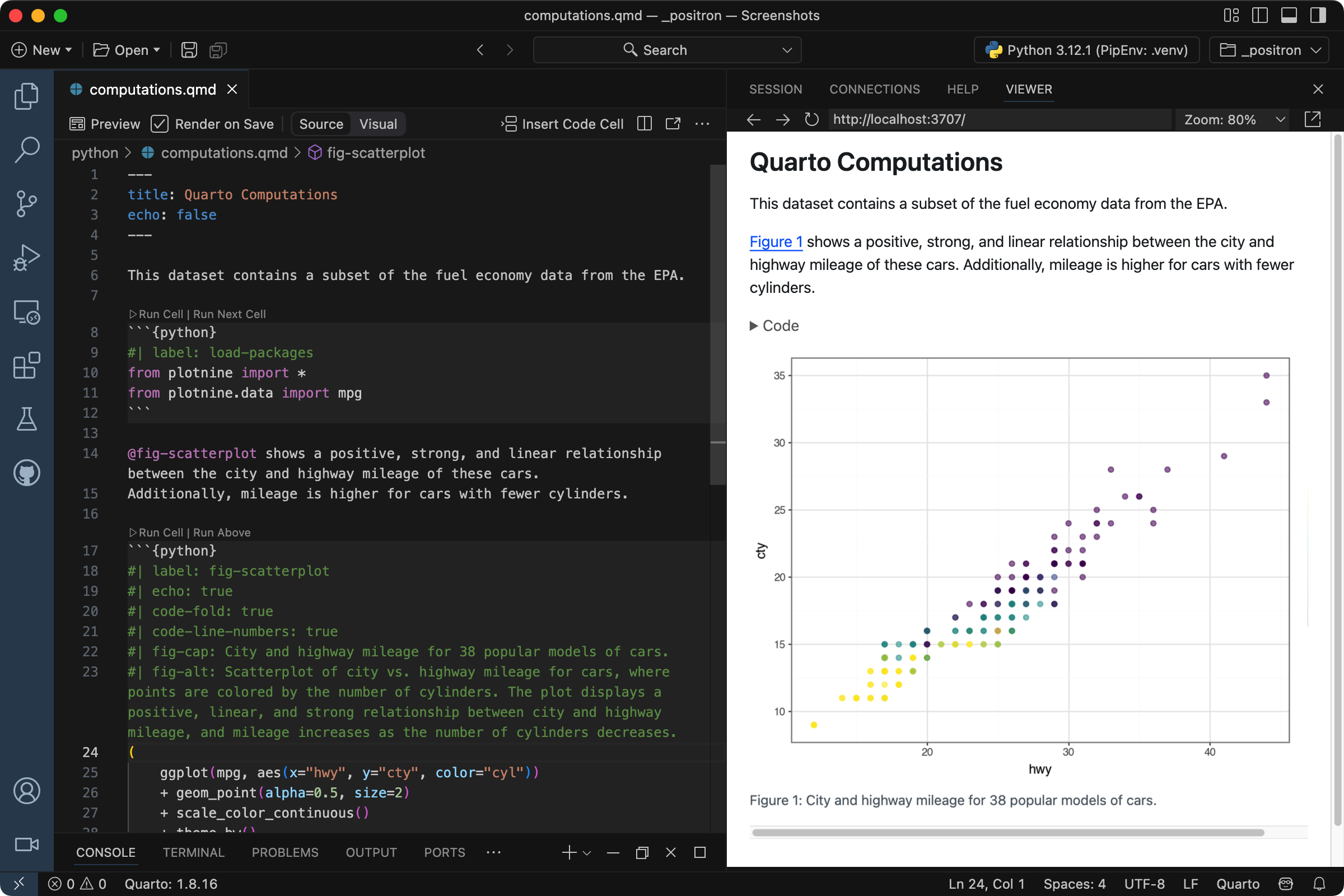 Positron with `computations.qmd` open. On the right is the Editor. Compared to earlier images on the page, the code cell shows the added fig-cap and fig-alt options. On the right is the rendered version of the document. Below the figure is a caption.
